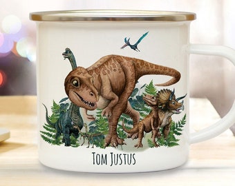 Cup Emaille Mok Dino Dinos Dinosaurus T-Rex Triceratops Brontosaurus Naam Gewenste Naam Koffiemok Cadeau Bundle66 ts2106 & eb683