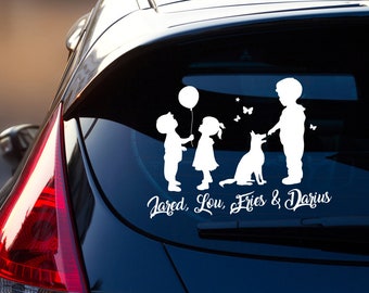 Car sticker rear window 2 boys boys 1 girl and dog dog balloon name children kids M2392