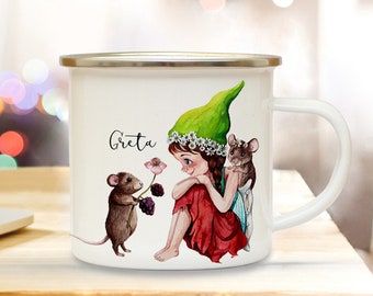 Enamel camping mug fairy elf fairy with mouse and desired name eb264