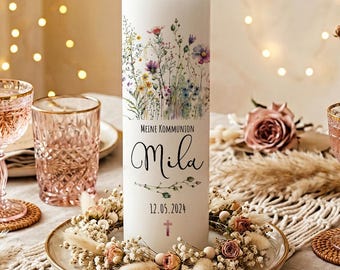 Bougie de baptême pour fille, motif floral sauvage, bougie pour parrain/marraine, bougie de baptême, fleurs, prénom et message personnalisés, confirmation, wk244