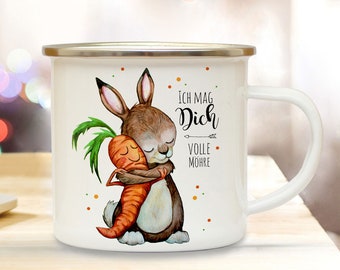 May include: White enamel mug with a brown bunny holding a carrot and the text "Ich mag Dich volle Mohre" in black lettering.
