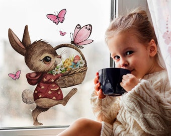 Fensterbild Fenstersticker Hase Häschen Osterkorb Ostern Schmetterlinge wiederverwendbar Kinder bf22