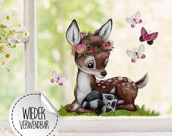 Fensterbild Fenstersticker Reh Kitz deer Waschbär Schmetterlinge wiederverwendbar Kinder bf23