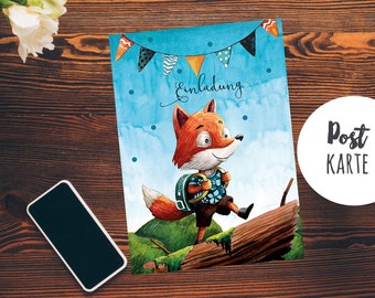 A6 Postkarte Print Fuchs mit Schultasche Geburtstag Einladungskarte Karte blaue Punkte pk200