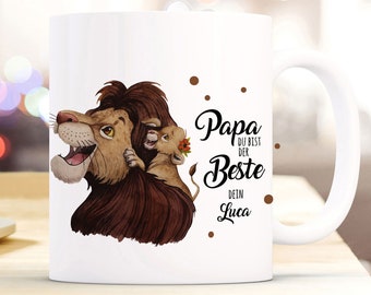 Tasse Becher Löwe Löwenpapa Papa mit Junges & Spruch Papa du bist der Beste Dein Name Wunschname Kaffeebecher Geschenk Spruchbecher ts1024