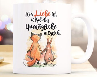 Geschenk Kaffee Becher Tasse Fuchs und Hase mit Spruch Liebe macht möglich Kaffeebecher ts914