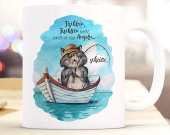 Tasse Becher Kaffeetasse Kater Katze Kätzchen Angelkater Angel Spruch Fischlein beiße sonst scheiße Kaffeebecher Geschenk Spruchbecher ts967