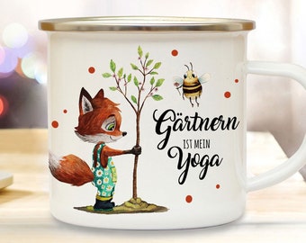 Emaille Becher Camping Tasse Fuchs mit Hummel & Spruch Gärtnern ist mein Yoga Kaffeetasse Geschenk eb435
