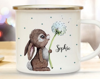 Emaille Becher Camping Tasse Motiv Hase Häschen mit Pusteblume & Wunschname Name Kaffeetasse Geschenk eb366