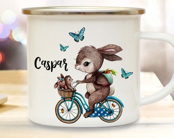 Emaille Becher Camping Tasse Motiv Hase auf Fahrrad mit Hasenkinder & Wunschname Name Kaffeetasse Geschenk eb361