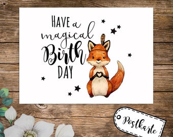 A6 Geburtstagskarte Postkarte Geburtstag Print Fuchs Indianerfuchs mit Spruch Have a magical Birthday Sterne pk234