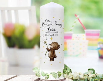 School enrollment candle Candle for the start of school for school child motif bear dandelion feather desired name date wk167