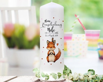 School enrollment candle candle for the start of school for school child motif fox little fox heart feather desired name date wk166