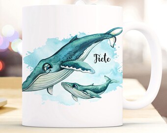 Cup mug coffee cup whale with young cub & desired name coffee mug gift saying mug ts1041