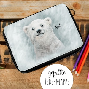 Gefüllte Federtasche Eisbär Bär im Schneesturm Schulstart Federmappe individuelles Federmäppchen & Namen Wunschnamen fm196