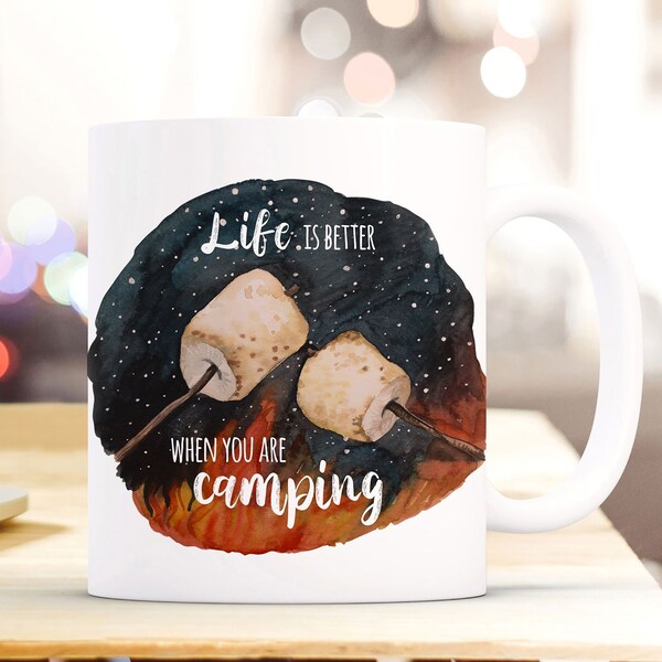 Tasse Becher Marshmallows & Spruch Life is better when you are camping Kaffeebecher Geschenk Spruchbecher ts1004