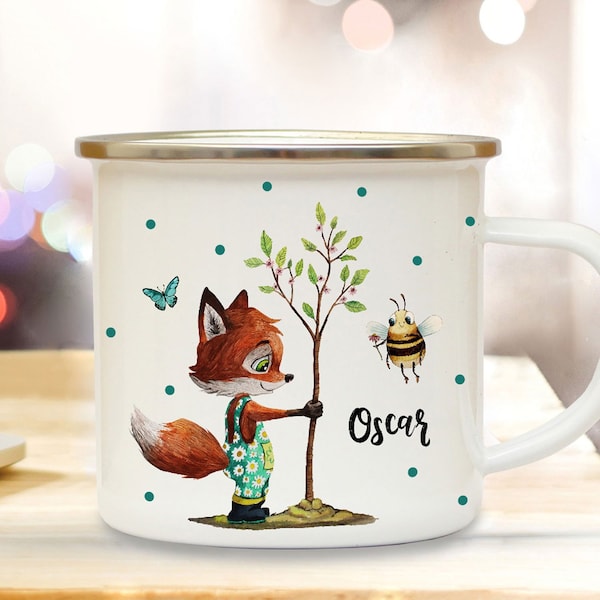 Emaille Becher Camping Tasse Motiv Fuchs pflanzt Baum mit Biene & Wunschname Name Kaffeetasse Geschenk eb362