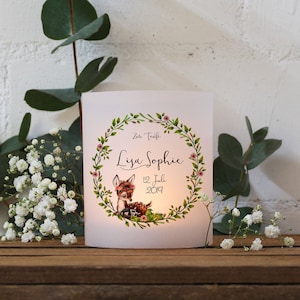 Tealight covers for baptism, set of 2 or 4 for lanterns, tealight light cover, leaf wreath, deer + desired name, date te124