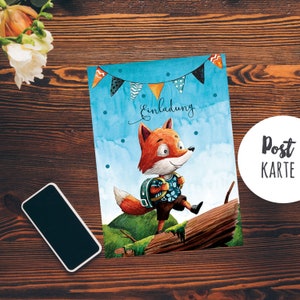 A6 ansichtkaart print vos met schooltas verjaardag uitnodigingskaart blauwe stippen pk200