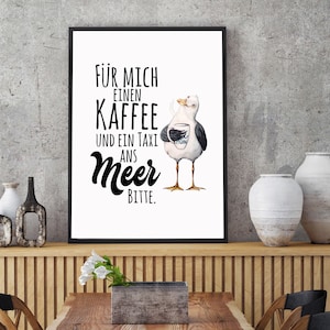 Póster Ilustración Impresión A3 o A4 Gaviota diciendo Un café y un taxi al mar p219