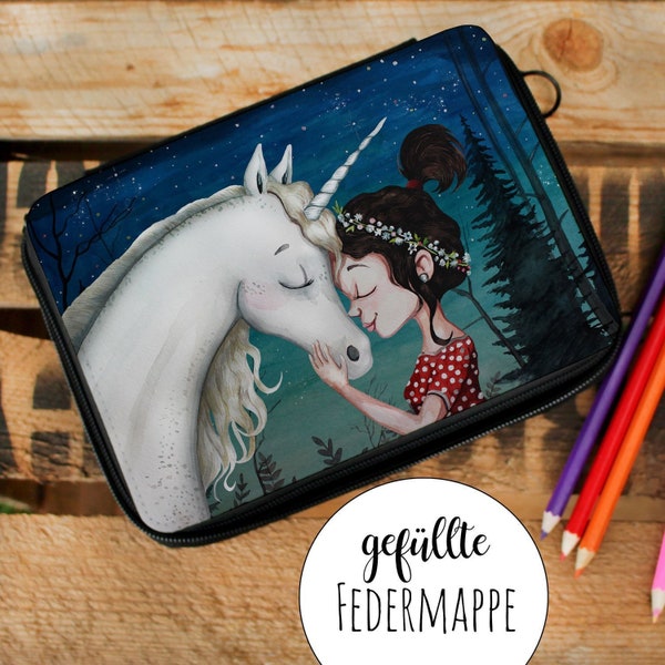 Gefüllte Federtasche Einhorn mit Mädchen Schulstart Federmappe individuelles Federmäppchen & Namen Wunschnamen fm220