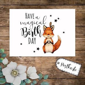 A6 Geburtstagskarte Postkarte Geburtstag Print Fuchs Indianerfuchs mit Spruch Have a magical Birthday Sterne pk234