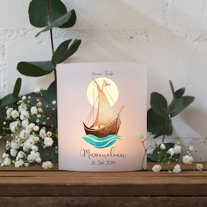 Tealight covers for baptism, set of 2 or 4 for lanterns, tealight light cover, sailboat, ship, sun + desired name, date te146