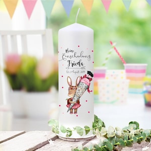 School enrollment candle candle for the start of school for school child motif bunny rabbit with school bag desired name date wk172