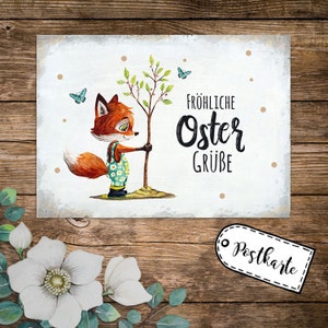 Tarjeta de felicitación A6 postal Tarjeta de Pascua impresión zorro planta árbol mariposas diciendo felices saludos de Pascua puntos pk241