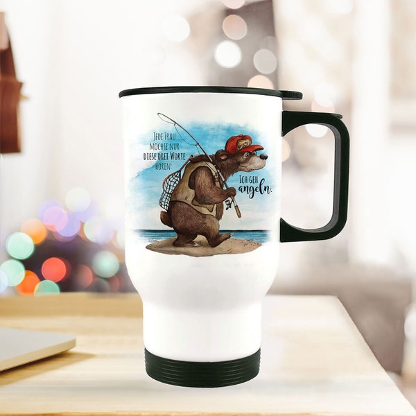 Thermo mug insulated mug angler bear fishing saying I'm going fishing coffee mug gift tb251