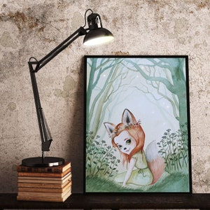 A3 o A4 Imprimir Póster Animal Chica Zorro Chica Chica Fara Decoración de guardería p200