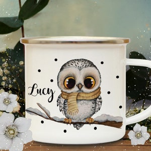 Enamel mug cup owl with desired name Santa Claus gift Christmas camping mug winter mug eb570