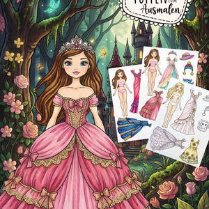 Digital Download Craft Kit Princess Dress-Up Dolls Paper Doll Coloring Page Coloring Book Craft for Children azp01