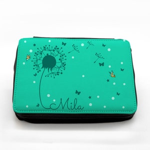 Gevuld etui etui turquoise paardenbloem met naam fm032