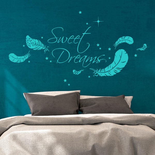 Wandtattoo Familie Aufkleber Zitat Spruch "Sweet Dreams" mit Federn und Sternen Wanddeko Wandgestaltung M1759