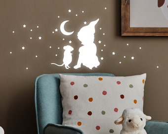 Wandtattoo Elfe Fee fairy und Maus mouse mit Sternen fluoreszierend Leuchtsticker Kinderzimmerdeko Wandsticker leuchtend M2511