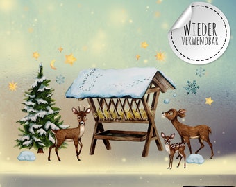 Fensterbild Fenstersticker Winterwald Futterkrippe Rehe Sterne Weihnachtsfensterbild Winter Weihnachten wiederverwendbar für Kinder bf81