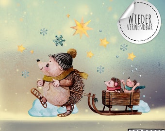 Fensterbild Fenstersticker Igel Igelkinder Schlitten Weihnachtsfensterbild Winter Weihnachten wiederverwendbar für Kinder bf76