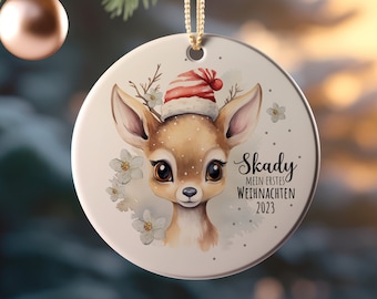 Weihnachtskugel Weihnachtsschmuck Baumhänger Baumanhänger personalisiert erstes Weihnachten Namen Reh deer Weihnachten Tiere Baumkugel wkp18