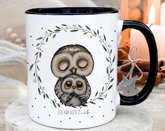 Tasse Becher Kaffeebecher Kaffeetasse Teetasse mit Eule owl Eulchen Mama Papa Ich hab dich lieb Geschenk ts2138