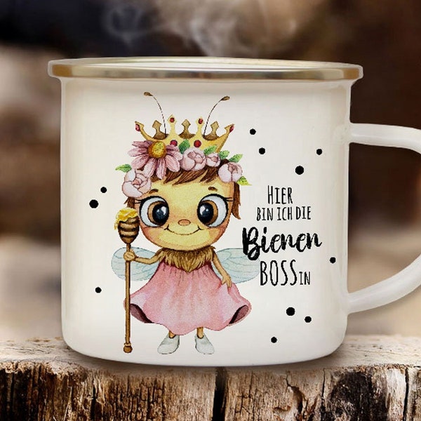 Emaille Becher Camping Tasse Biene Bienchen Bienenkönigin Spruch Hier bin ich die Bienen Bossin Kaffeetasse Geschenk eb637