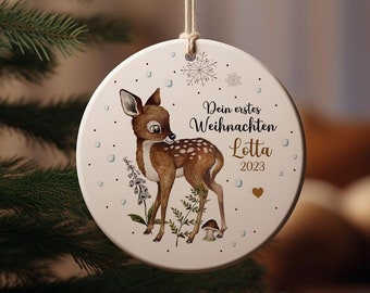 Weihnachtskugel Weihnachtsschmuck Keramik Baumhänger Baumanhänger personalisiert erstes Weihnachten Namen Reh deer Tiere Baumkugel wkp1