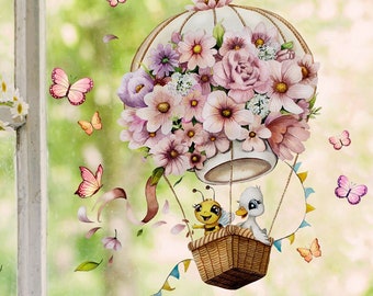 Window picture flowers flowers hot air balloon balloon with duck ducklings bee reusable window decoration spring decoration children bf172