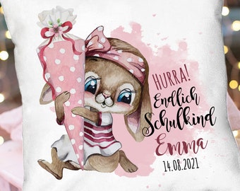 Tasse Becher Kissen Schulanfang Schulstart Hasen Mädchen Schultüte Spruch Hurra endlich Schulkind Wunschname + Datum Bundle04