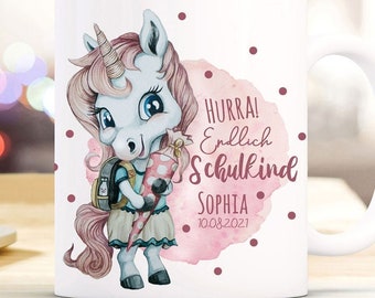 Taza Taza Almohada Comienzo de la escuela Unicornio Niña Rosa Mochila escolar diciendo Hurra Finalmente Escuela Nombre del niño + Fecha Bundle06