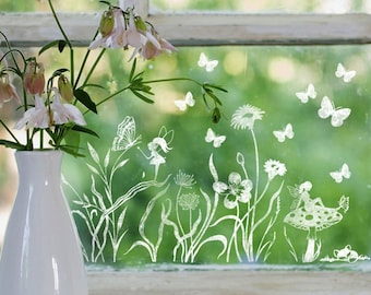 Vorlage Fensterbild Blumenwiese Elfe Fee Kreidefensterbild Chalky Markers Frühling Frühlingsdeko Deko Ostern Fensterdeko Fensterbilder ch15