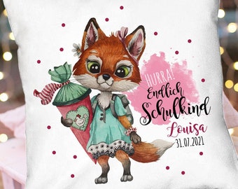 Emaille Becher Einschulung Tasse Deko Kissen Fuchs Mädchen Spruch Hurra endlich Schulkind Name Datum Kaffeetasse Geschenk Bundle09