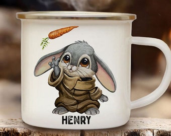 Tasse Emaille Becher Hase Häschen Mug Bunny mit Möhre Name Wunschname Kaffeebecher Geschenk Bundle51 ts2056 & eb661