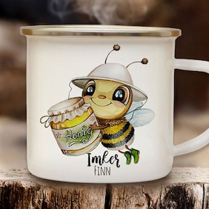Emaille Becher Camping Tasse Biene Bienchen Imkerbiene Honigglas & Wunschname Name Imker Kaffeetasse Geschenk eb644