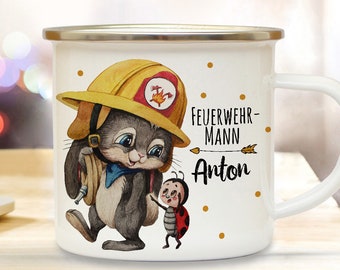 Emaille Becher Camping Tasse Motiv Feuerwehrmann Feuerwehr Häschen & Wunschname Name Kaffeetasse Kinderbecher Geschenk eb554